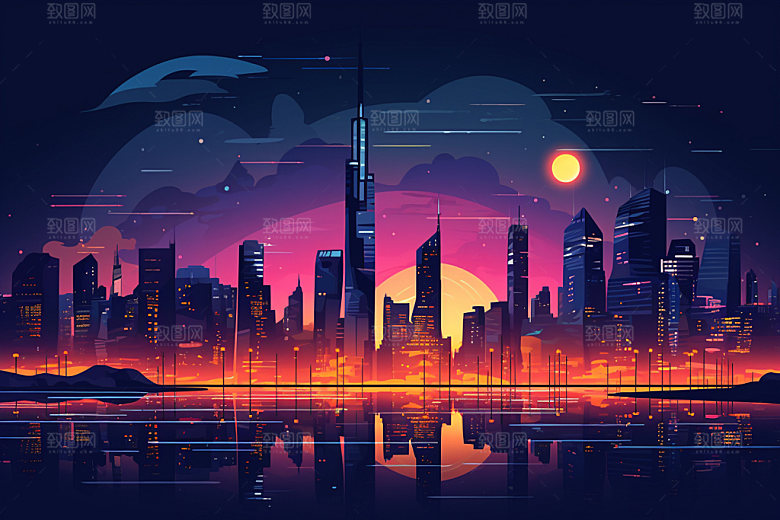 中秋城市都市建筑插画