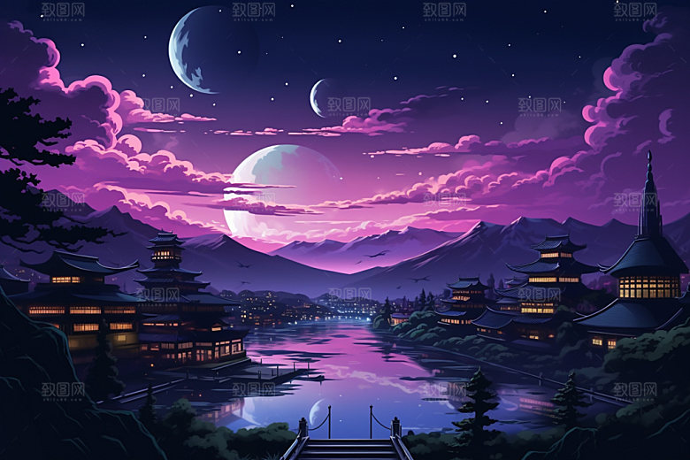 中秋城市科技感时尚插画