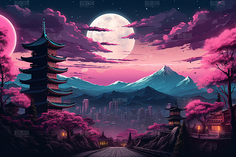 中秋城市时尚都市插画