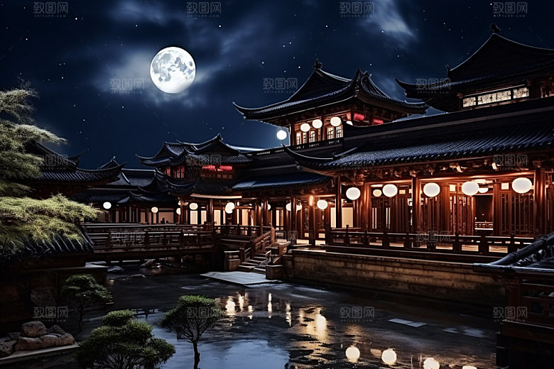 中秋城市元素建筑插画