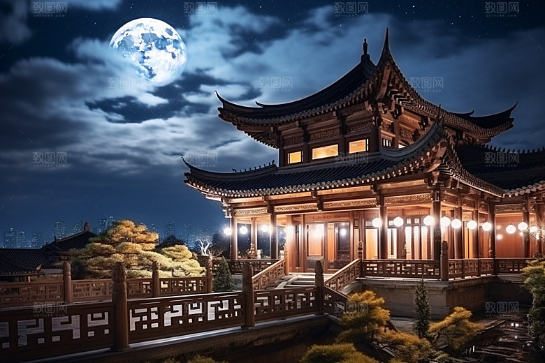 中秋城市科技感月圆插画