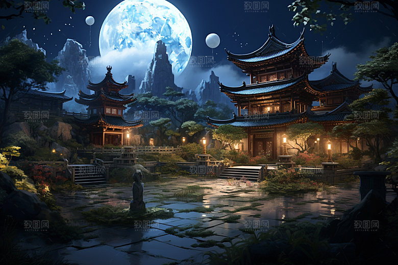 中秋城市中国风元素插画