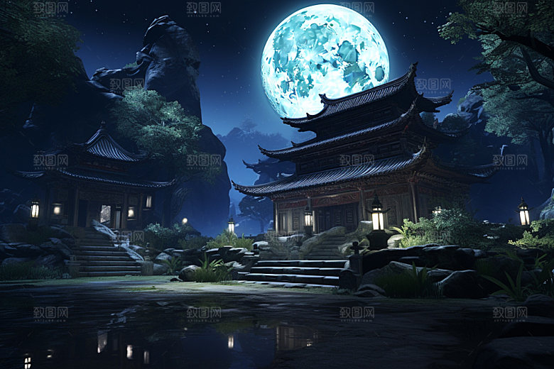 中秋城市科技感地标插画