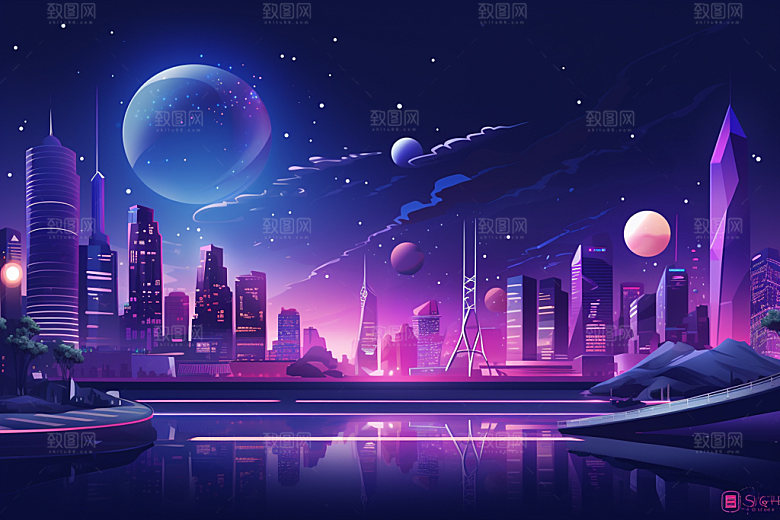 中秋城市中国风未来插画