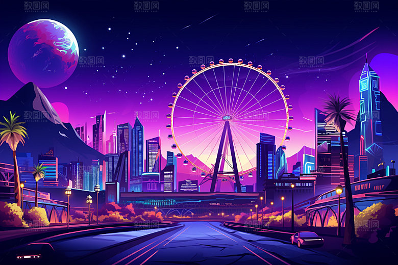 中秋城市赛博朋克建筑插画