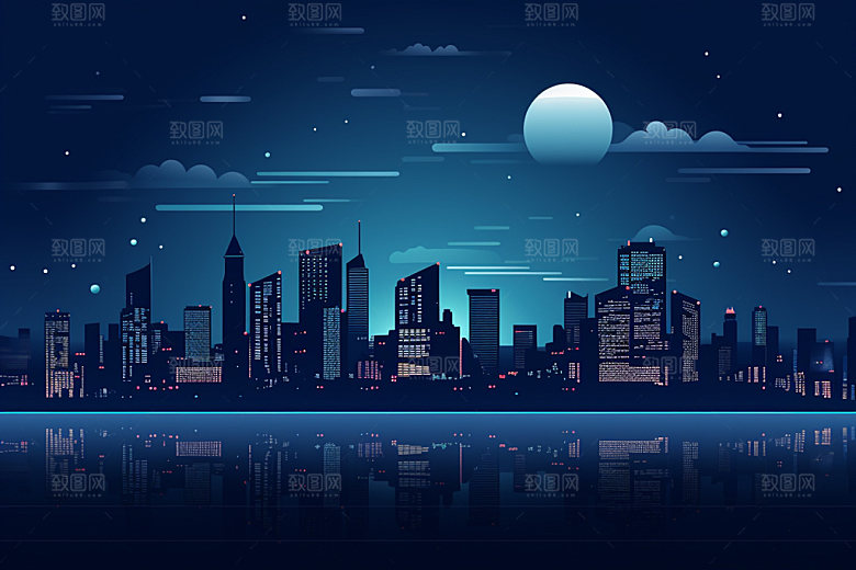中秋城市月圆元素插画