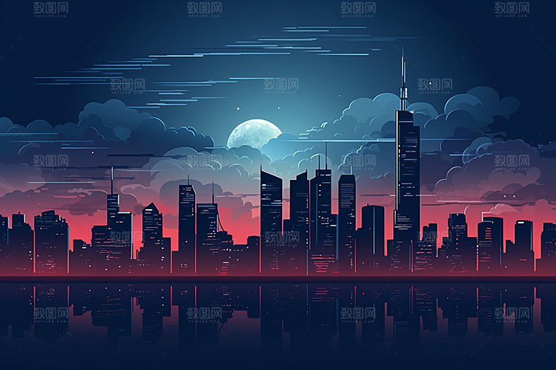中秋城市地标赛博朋克插画