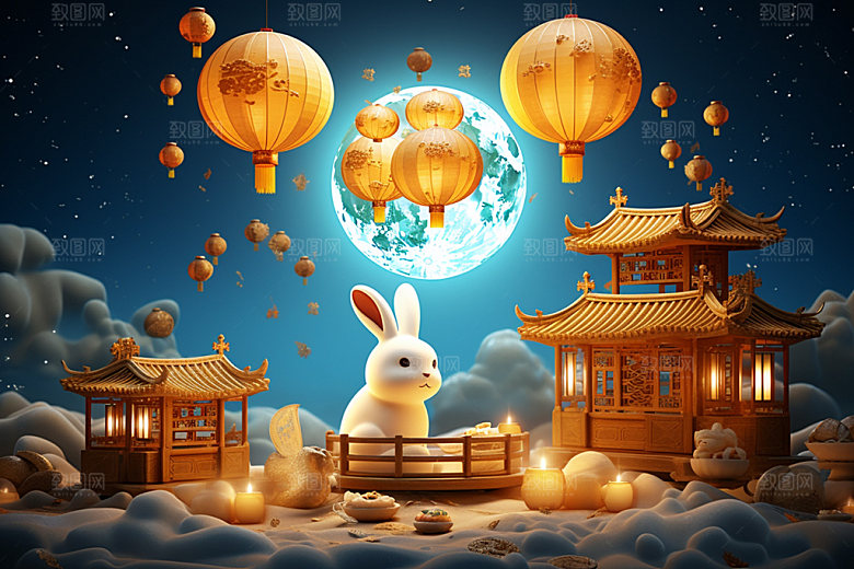中秋中式建筑街市场景
