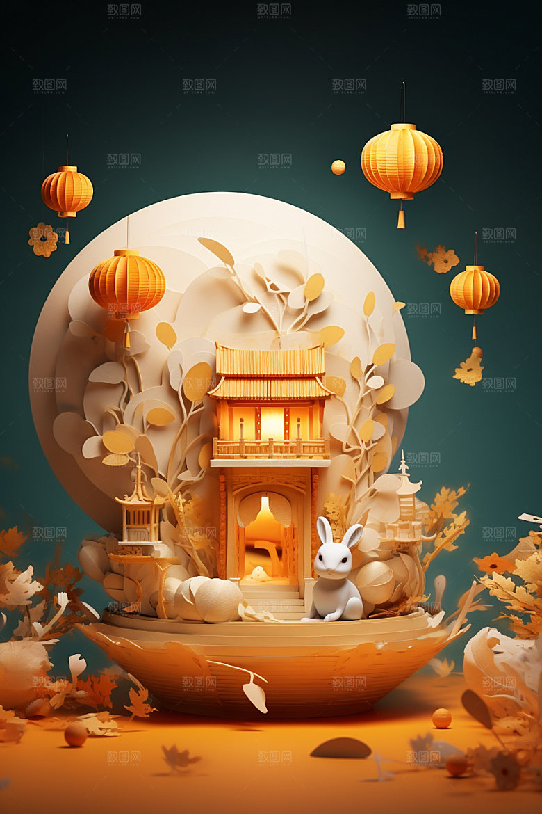 中秋唯美亭台楼阁场景