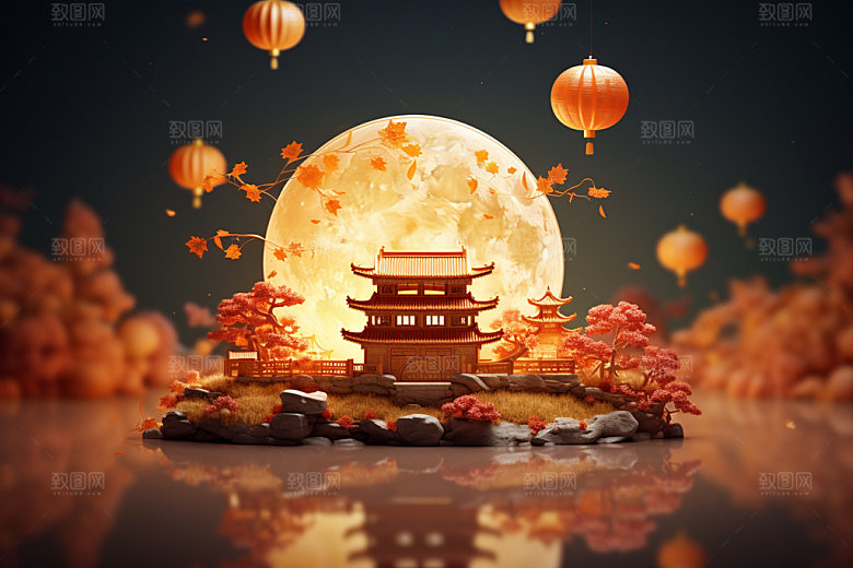 中秋中式建筑唯美场景
