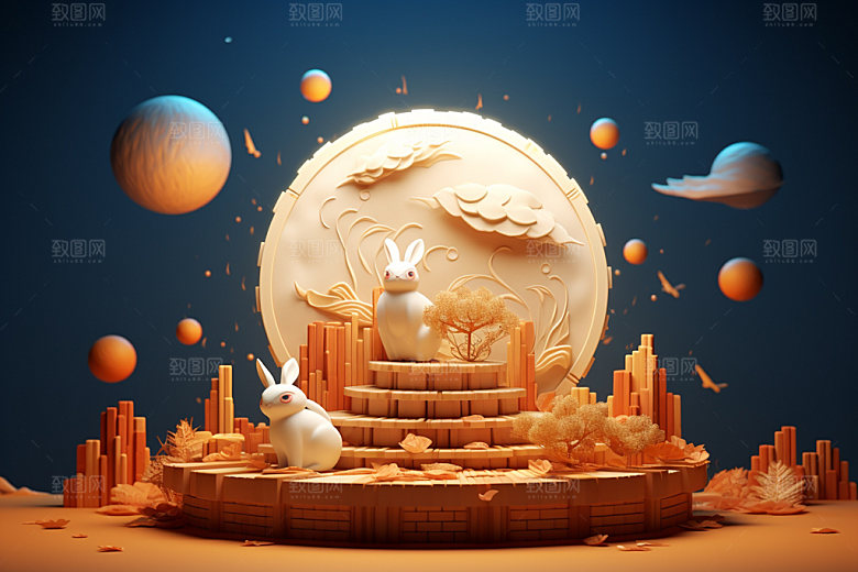 中秋亭台楼阁唯美场景