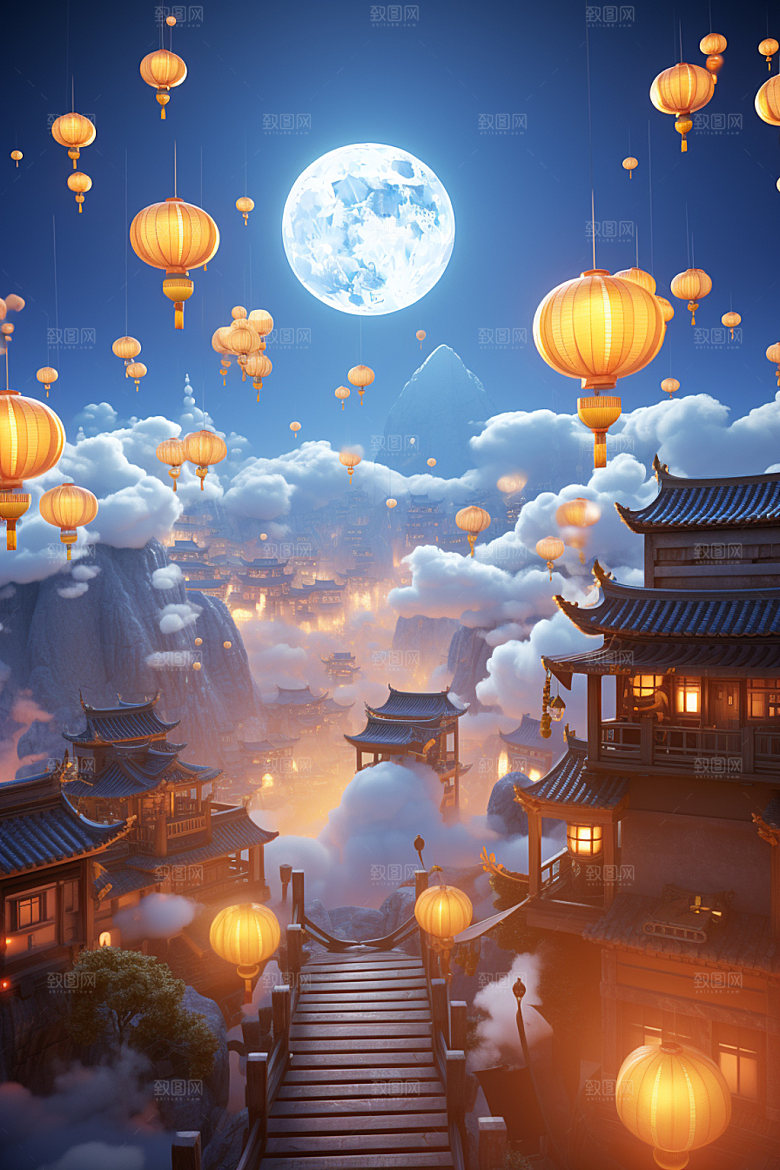 中秋中式建筑中国风场景