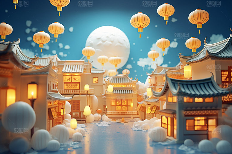 中秋中式建筑街市场景