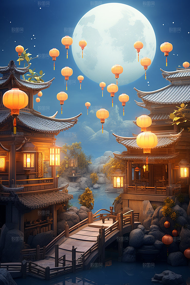 中秋玉兔中式建筑场景