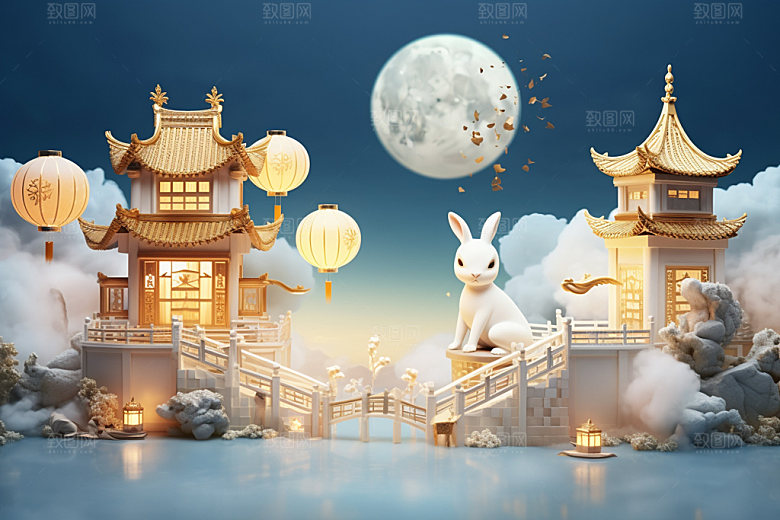 中秋玉兔中式建筑场景
