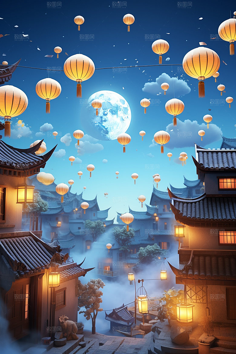 中秋亭台楼阁中式建筑场景