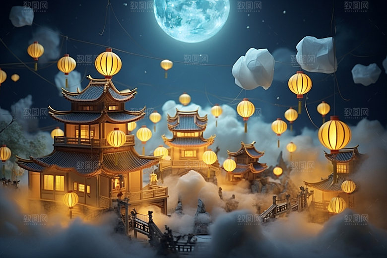 中秋中式建筑中国风场景