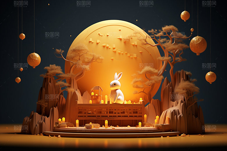 中秋亭台楼阁唯美场景
