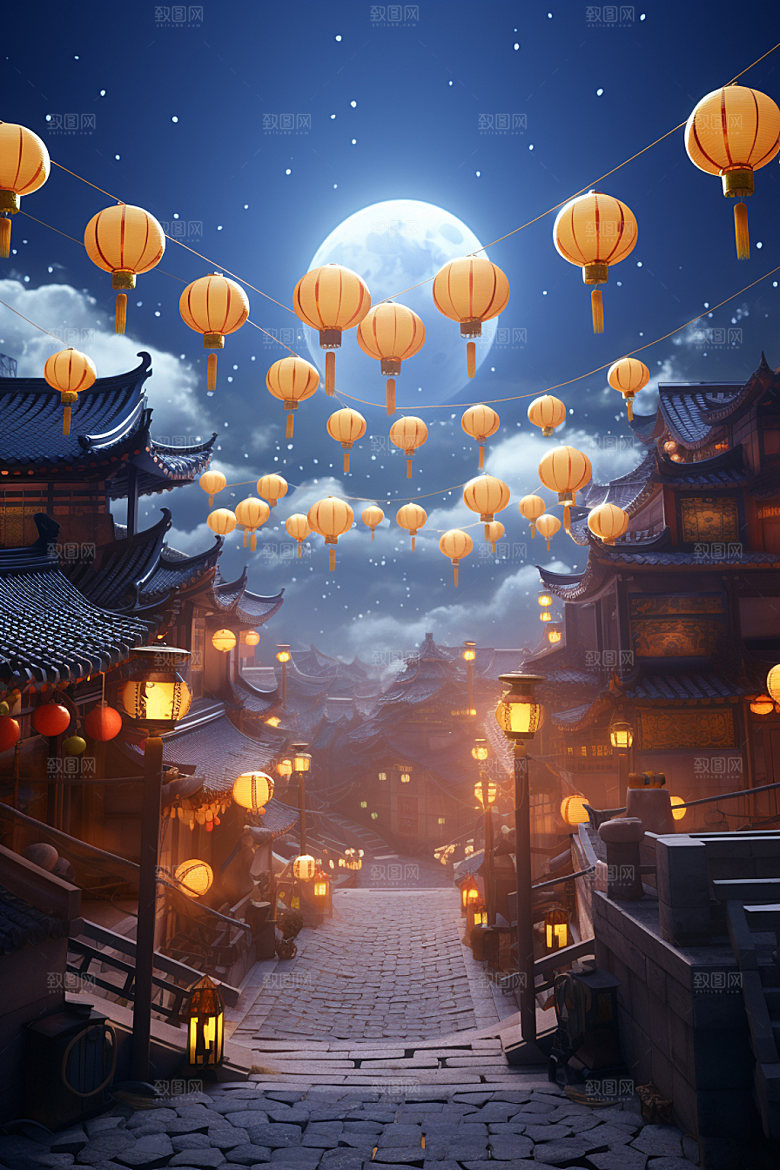 中秋街市亭台楼阁场景