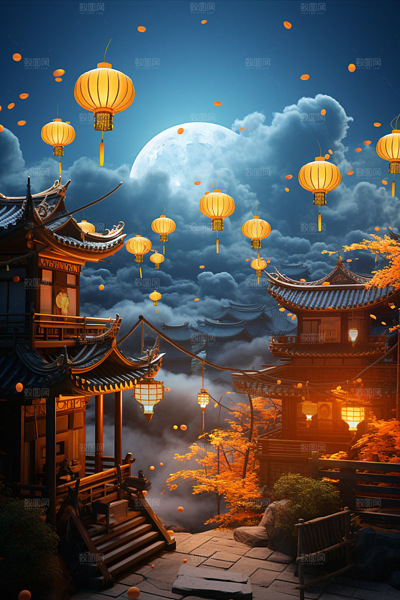 中秋中国风中式建筑场景