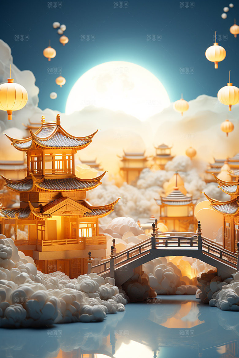中秋亭台楼阁灯笼场景