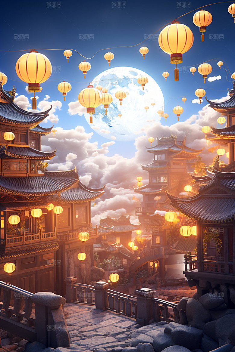 中秋街市中式建筑场景