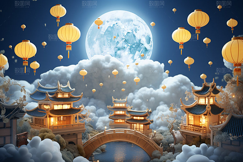 中秋中式建筑街市场景
