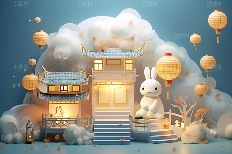 中秋玉兔中国风场景