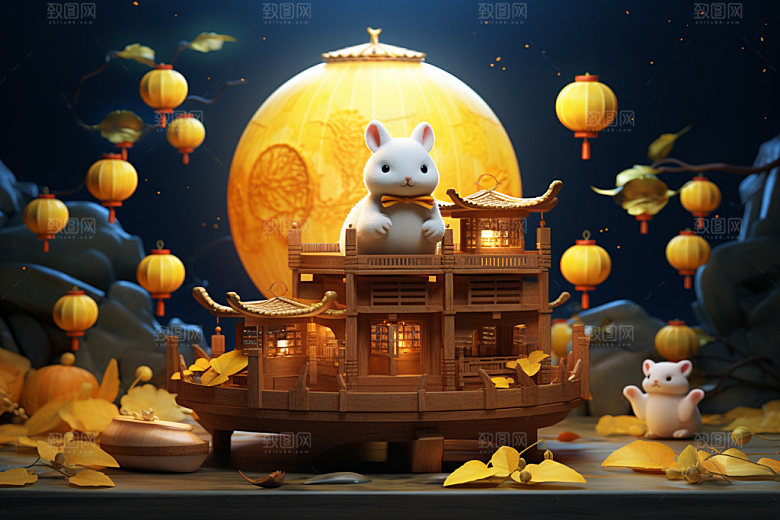 中秋玉兔中式建筑场景