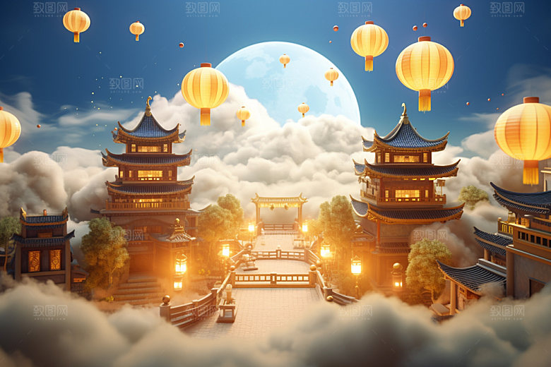 中秋中式建筑亭台楼阁场景