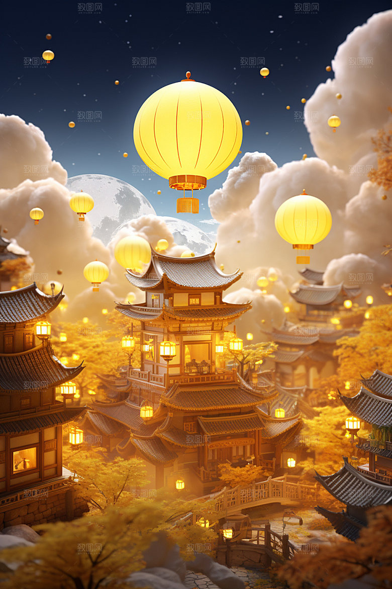 中秋亭台楼阁唯美场景