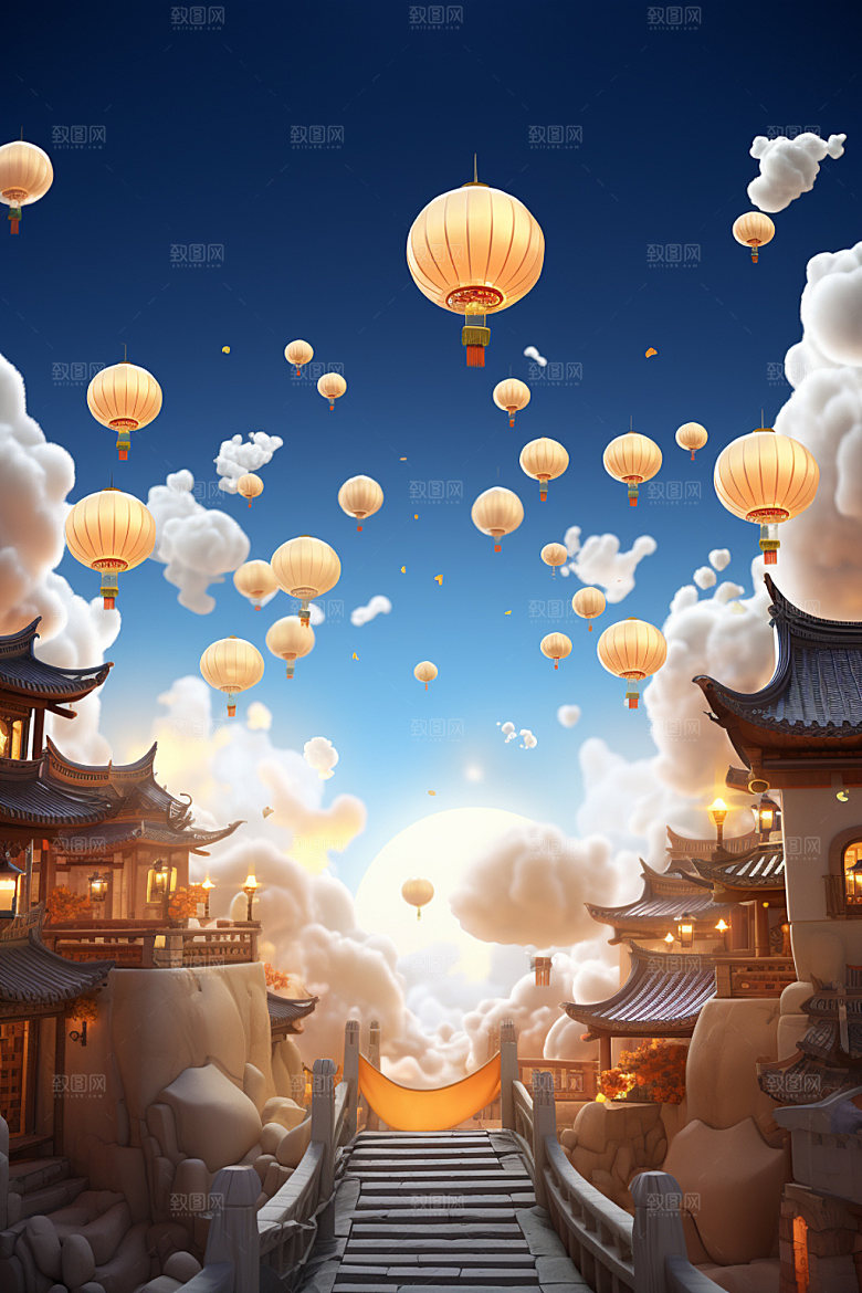 中秋亭台楼阁唯美场景