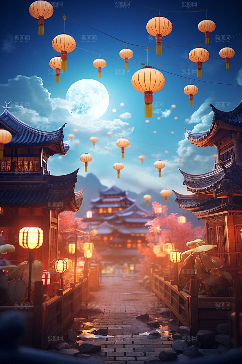 中秋街市中式建筑场景