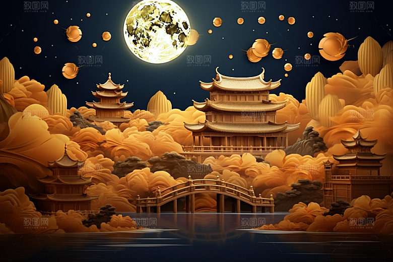 中秋中式建筑街市场景