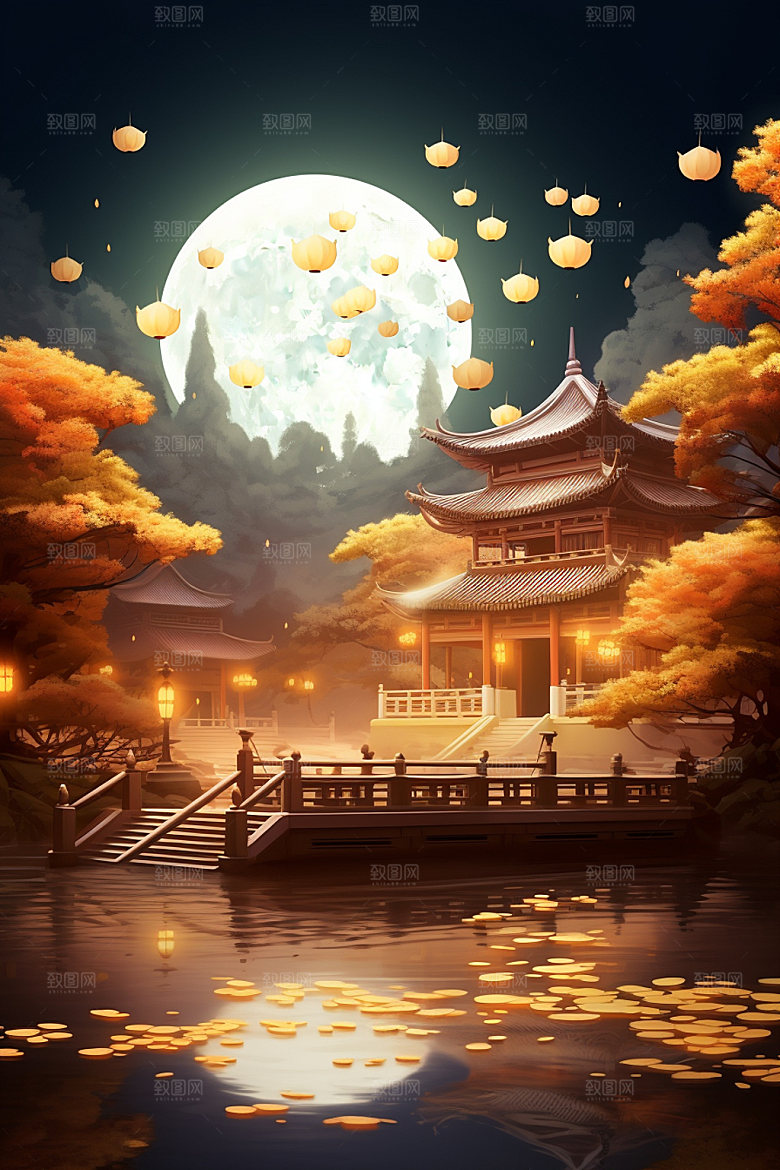 中秋灯笼中式建筑场景