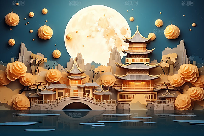 中秋亭台楼阁灯笼场景