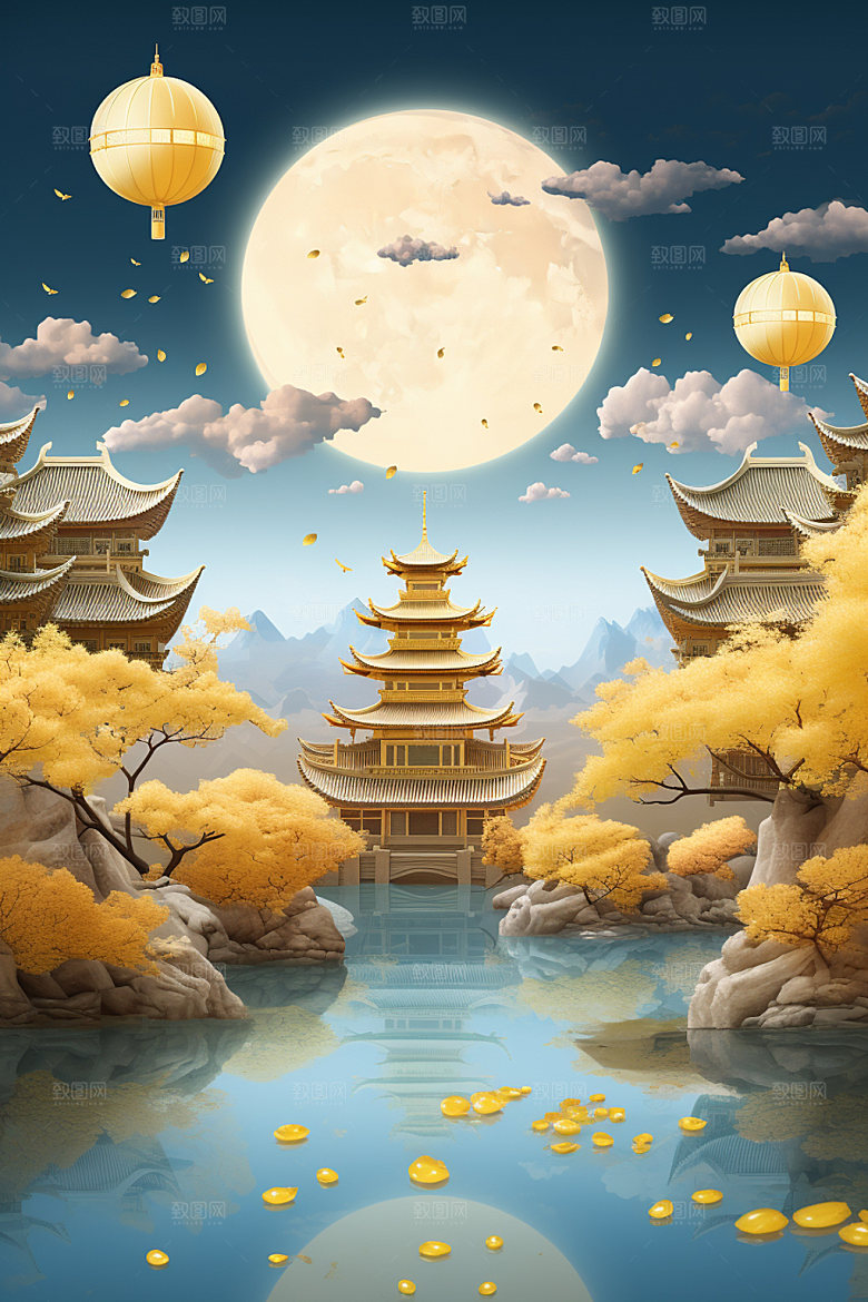 中秋亭台楼阁中国风场景