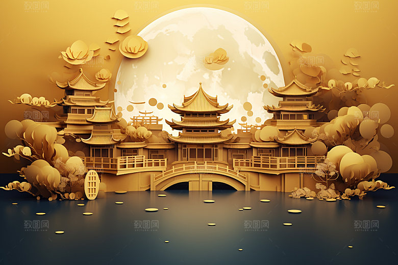中秋中式建筑玉兔场景