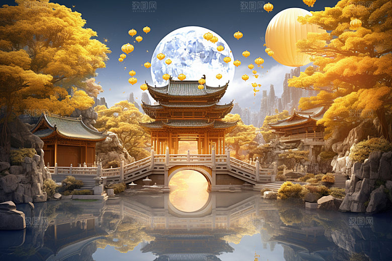中秋唯美街市场景