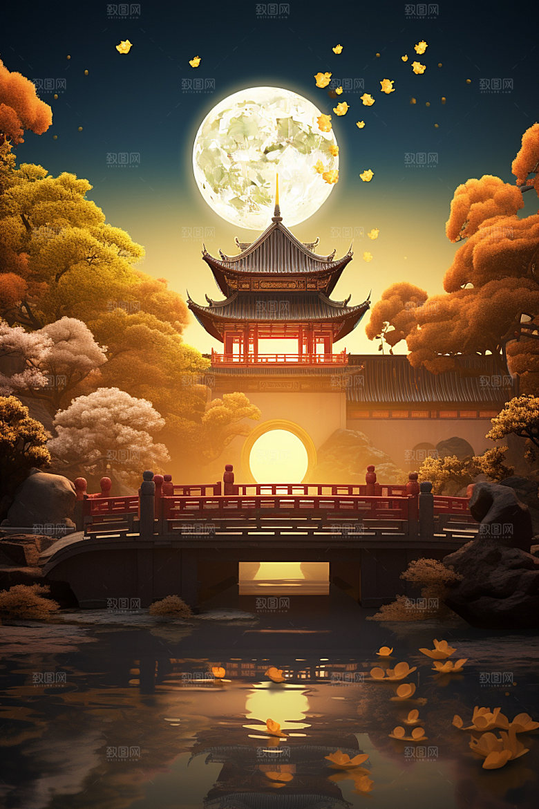 中秋唯美亭台楼阁场景
