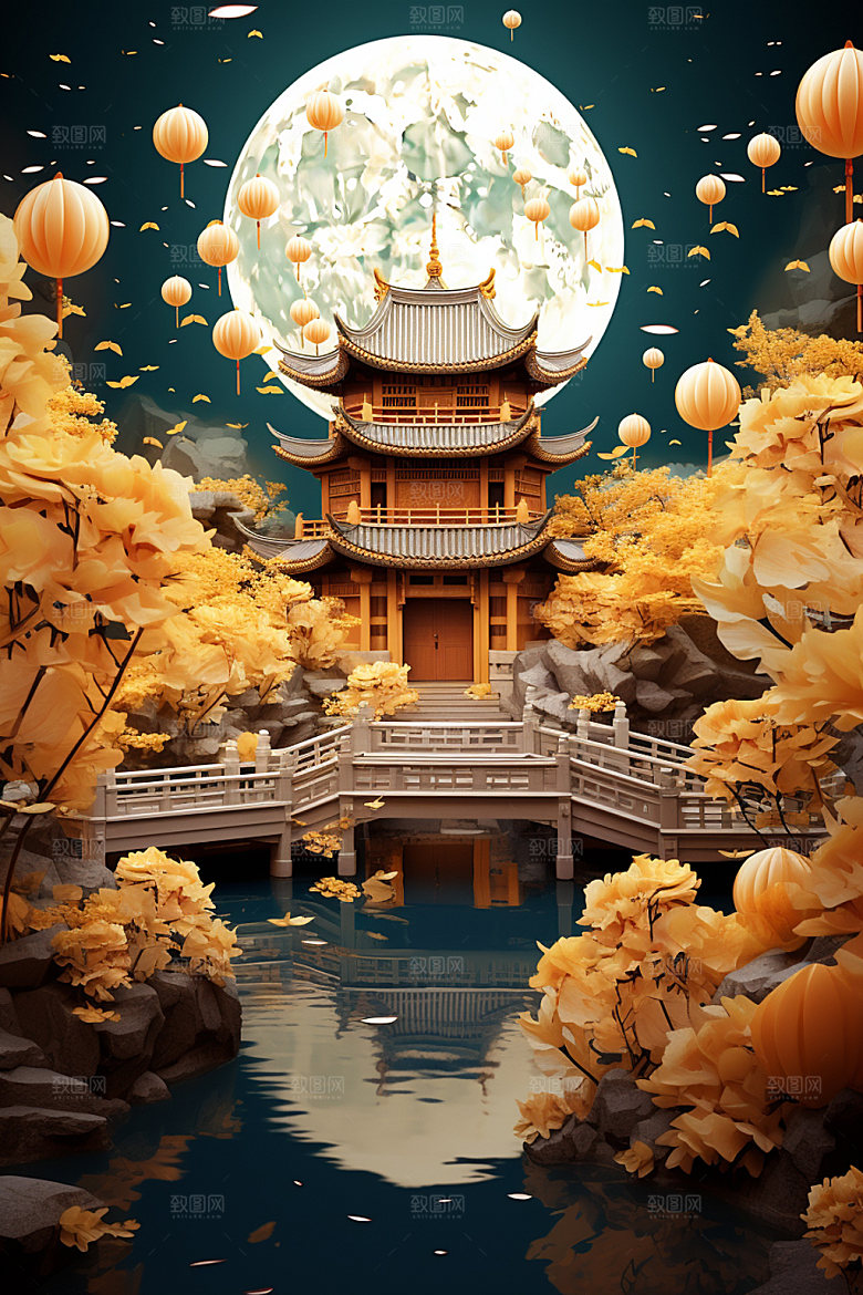 中秋亭台楼阁街市场景