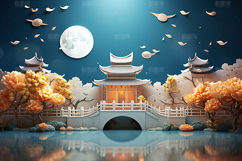 中秋中国风亭台楼阁场景