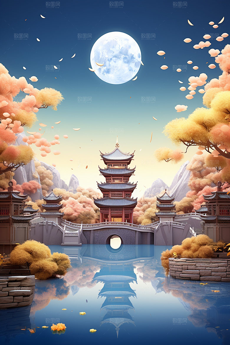 中秋玉兔亭台楼阁场景