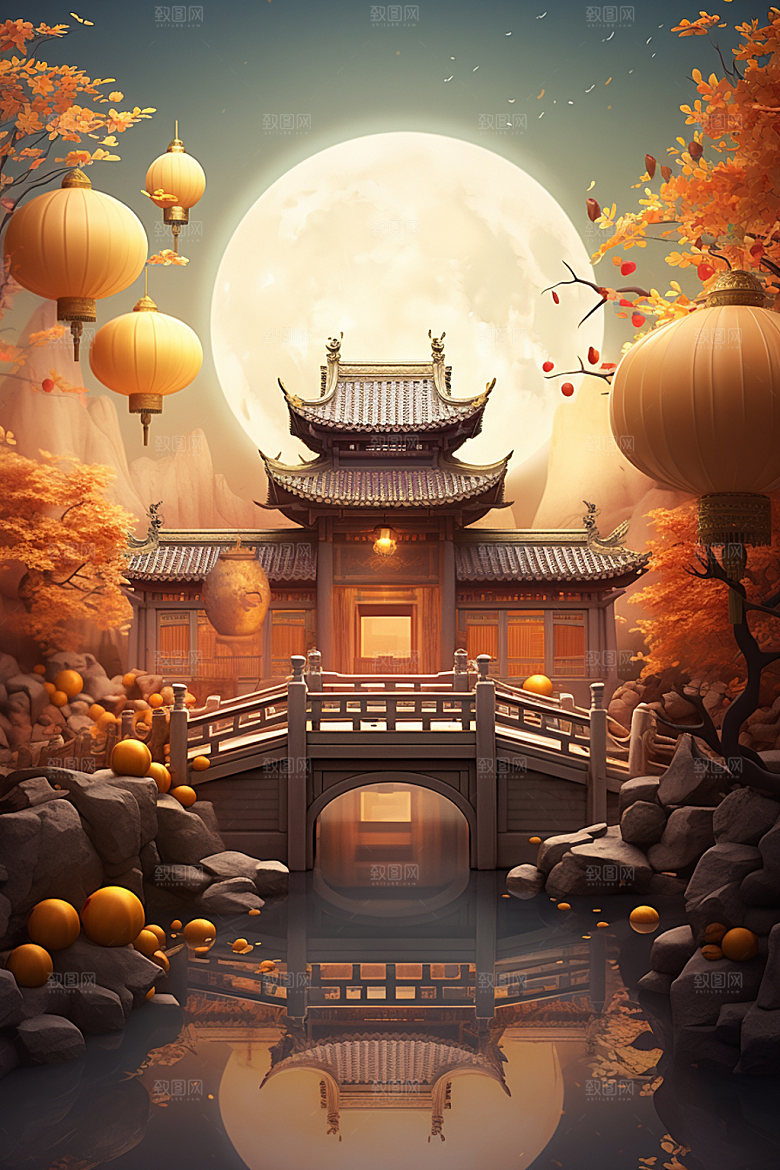 中秋中国风亭台楼阁场景