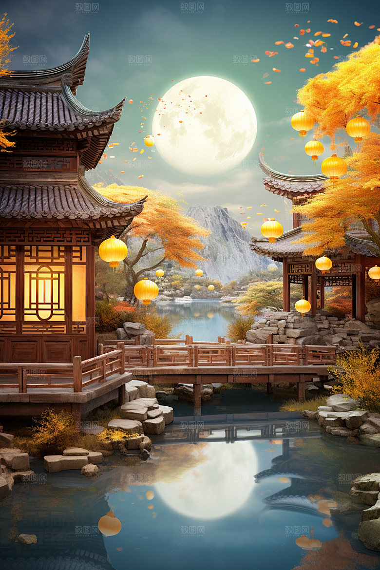中秋亭台楼阁中式建筑场景