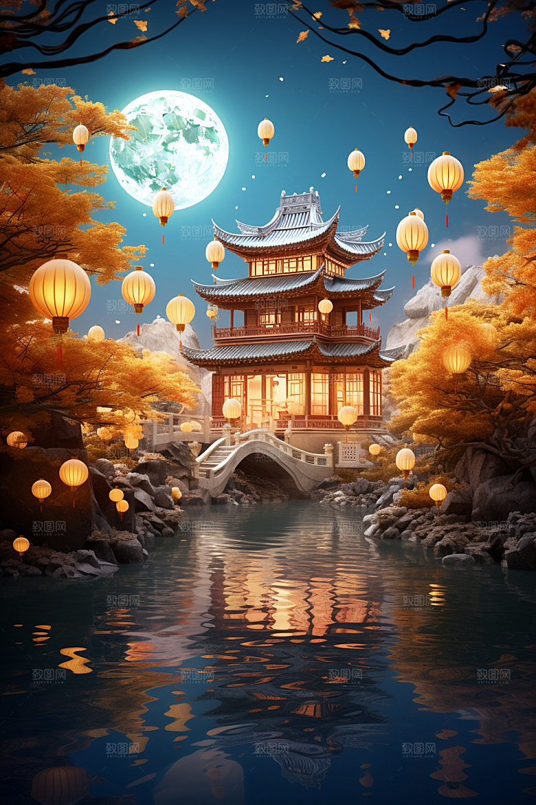 中秋街市亭台楼阁场景