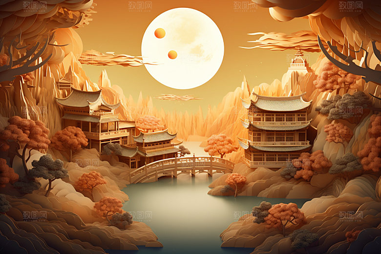 中秋中式建筑玉兔场景