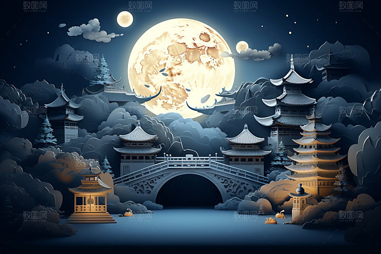 中秋中国风亭台楼阁场景