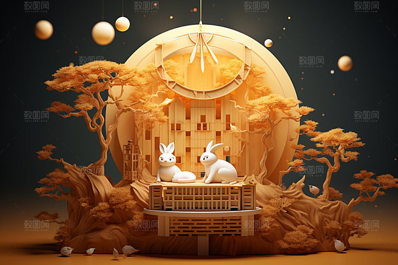 中秋唯美亭台楼阁场景