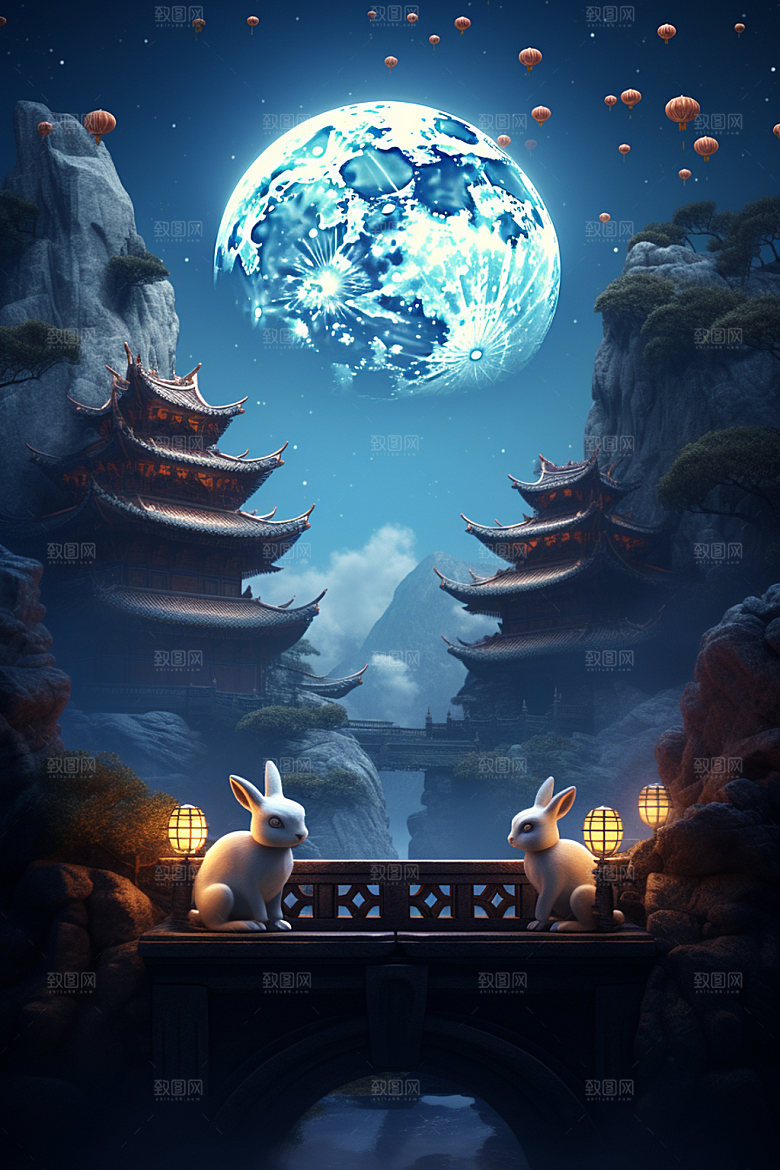 中秋街市中式建筑场景